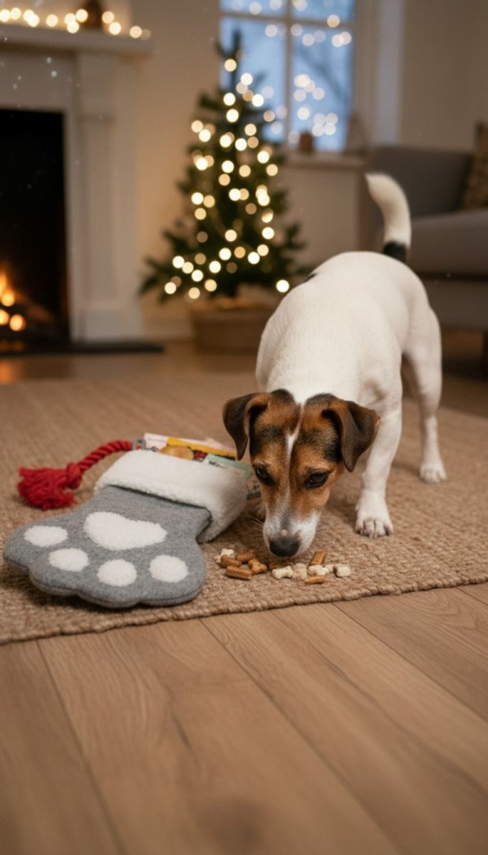 Grå fylt Julestrømpe til hund (10 snacks & leker)