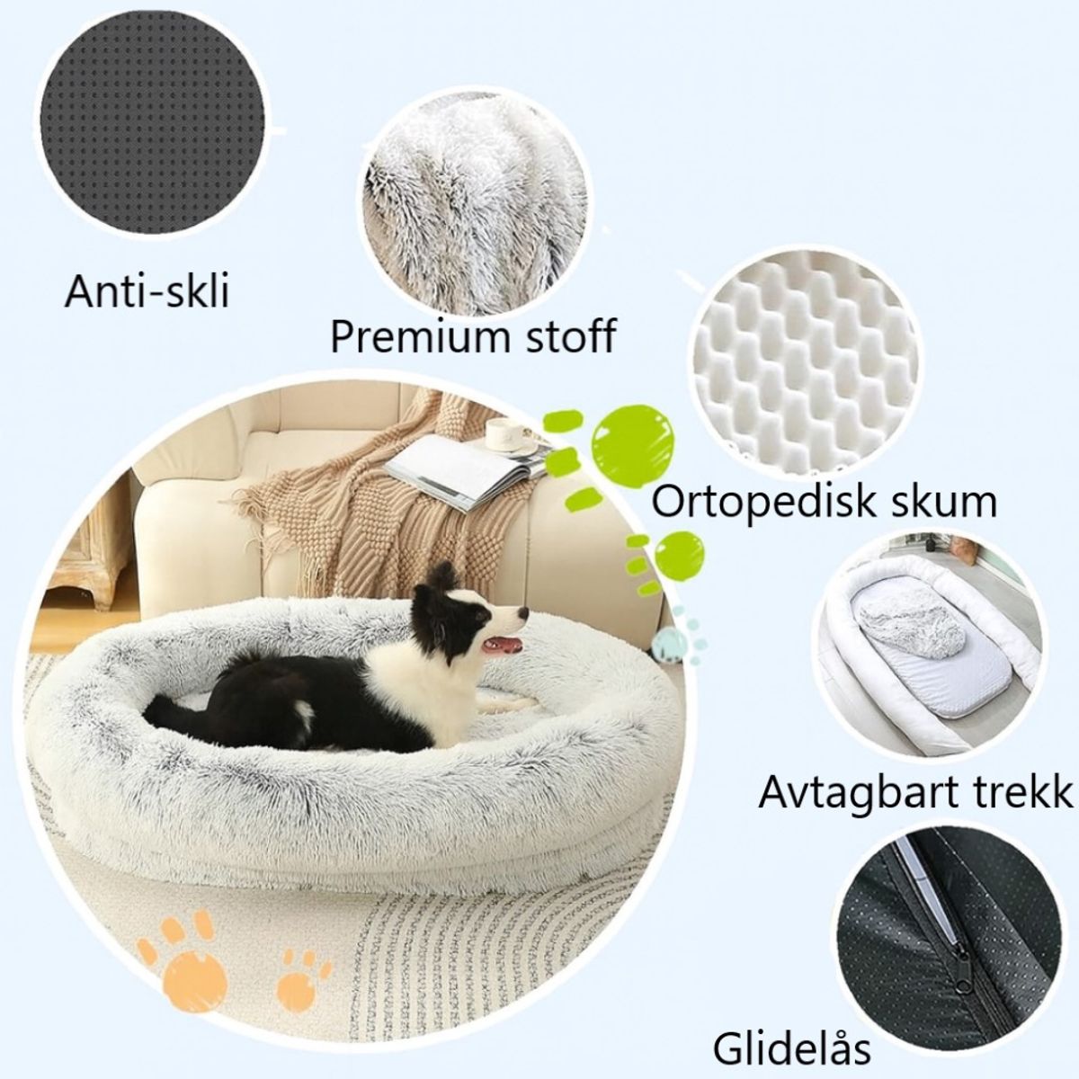 Lys grå oval fluffy ortopedisk hundeseng - 2 str