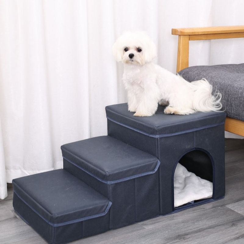 Mørk grå trapp til hund og katt, med oppbevaring og hule