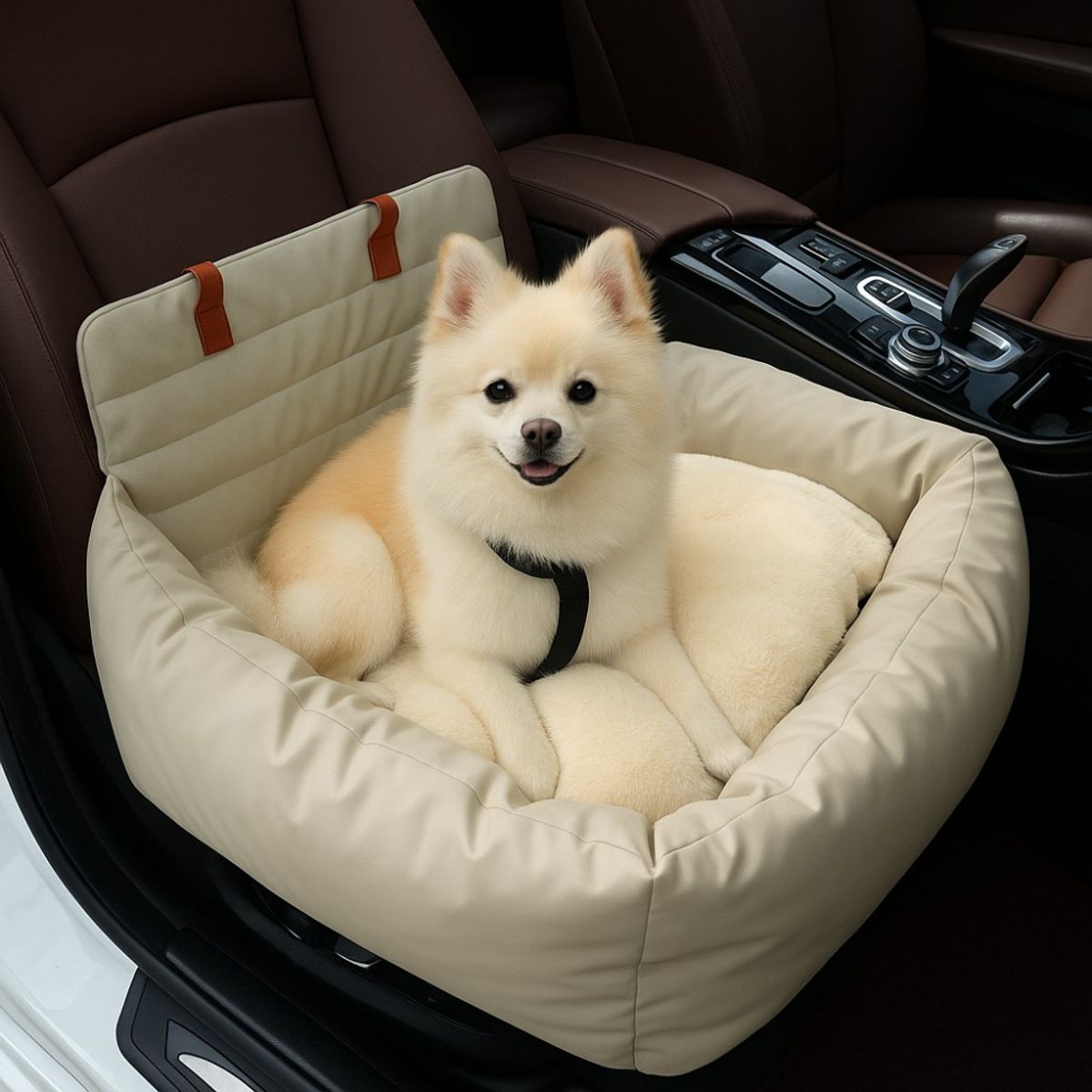 Beige luksus 2-i-1 bilsete til hund, imitert skinn