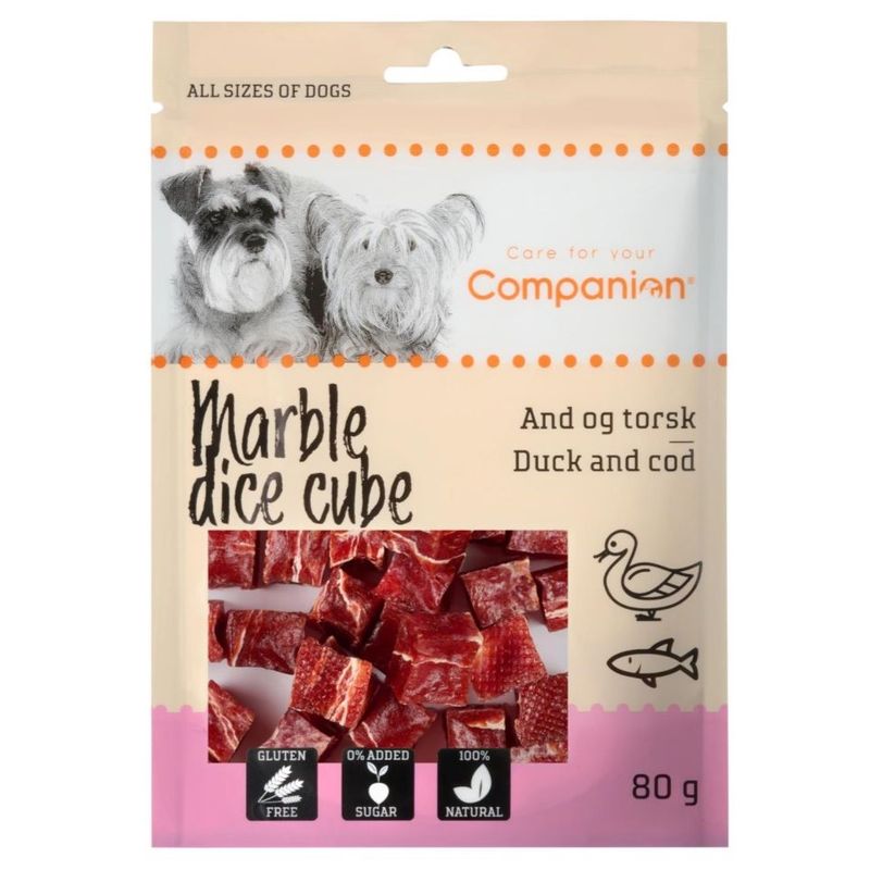 Marble dice cube hundesnacks med and og torsk