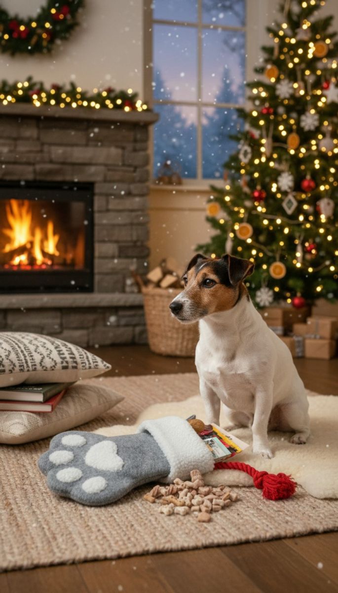 Grå julestrømpe til hund og katt - fylles med favoritter