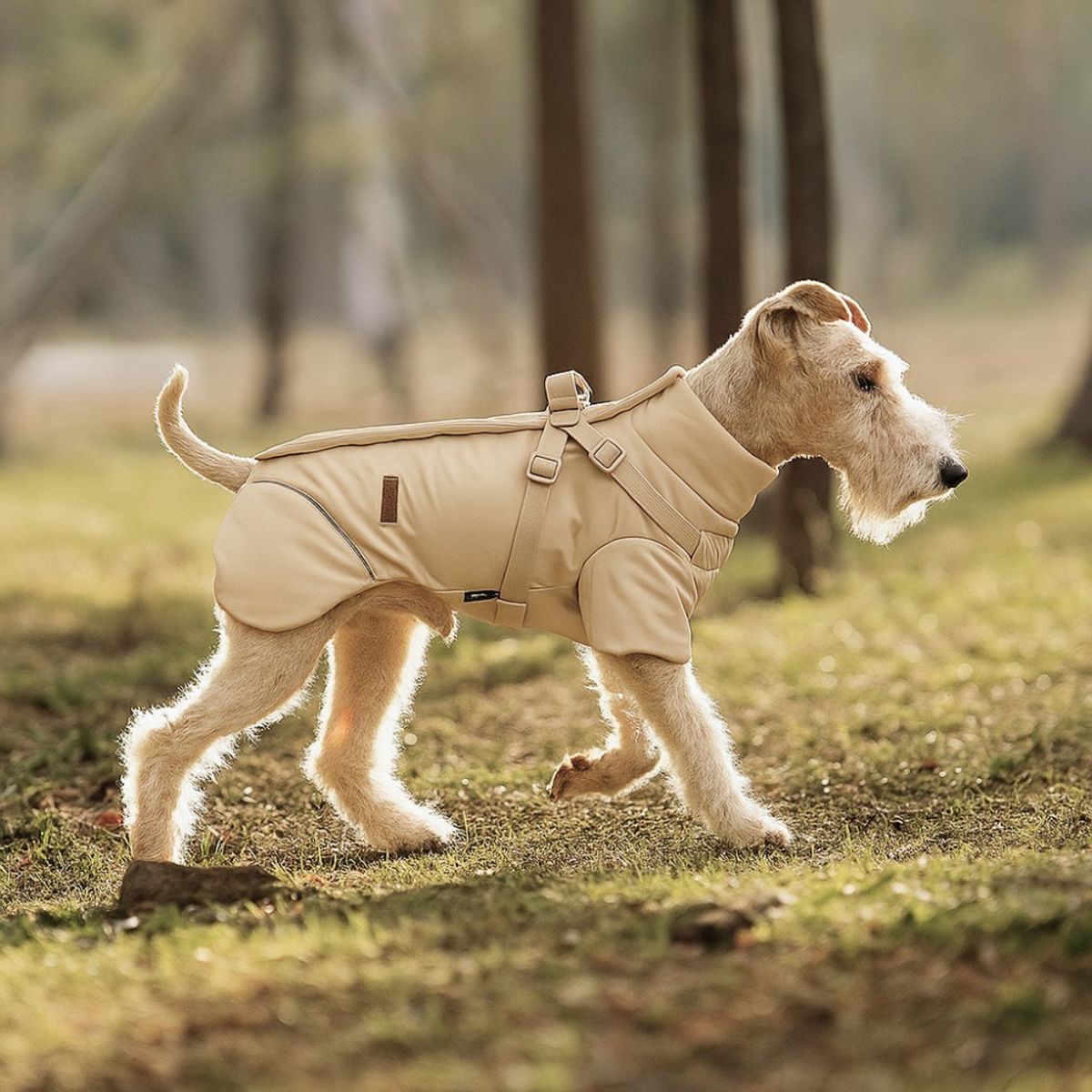 Beige hundejakke med integrert sele