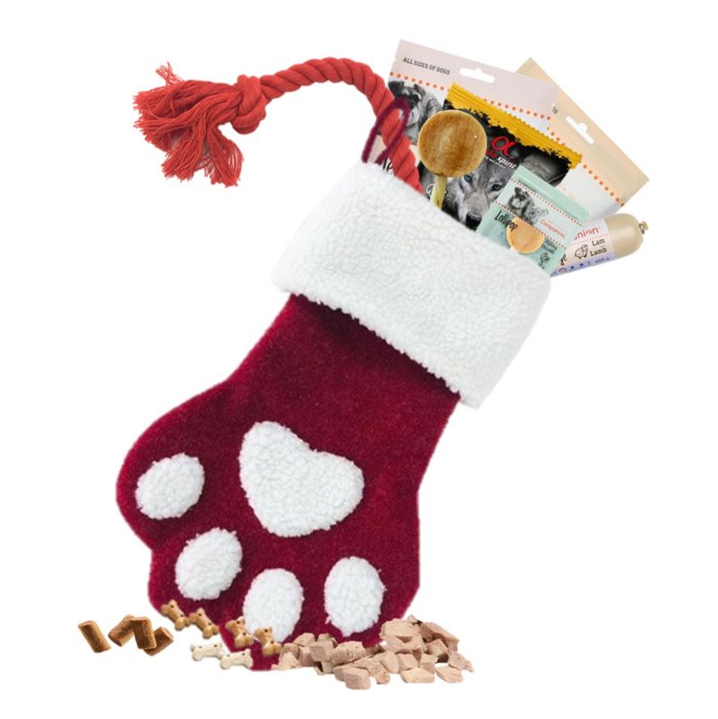 Rød fylt Julestrømpe til hund (10 snacks & leker)