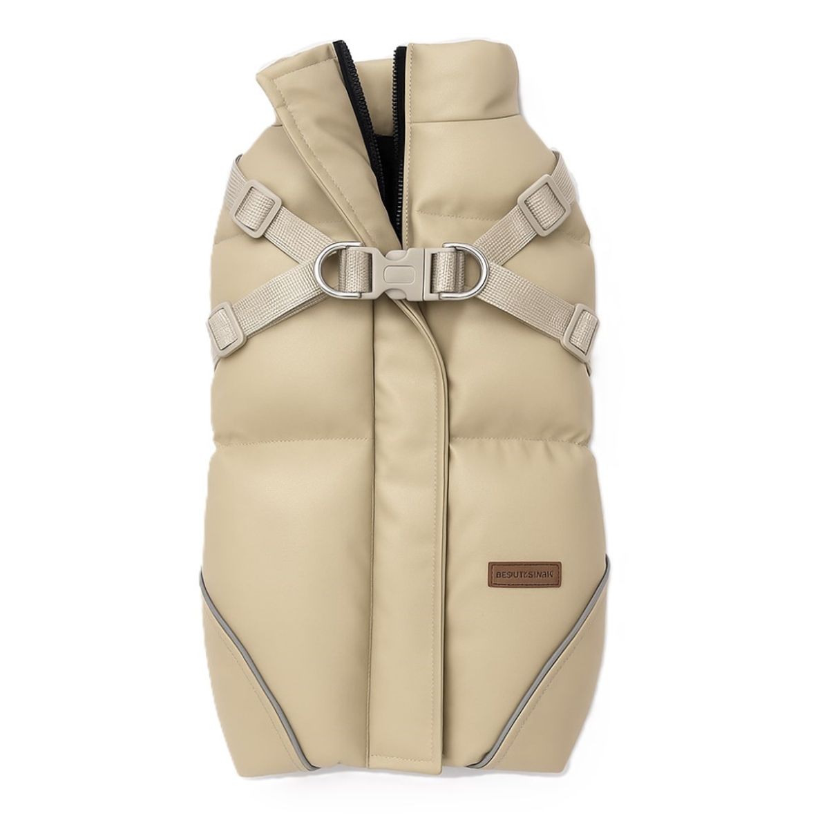 Beige hundejakke med integrert sele