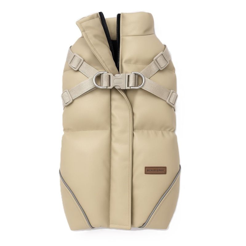 Beige hundejakke med integrert sele